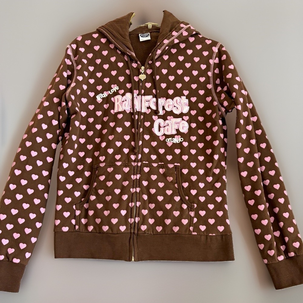 Rainforest Cafe Womens Full Zip Hoodie Brown Pink Hearts Logo Fleece XL